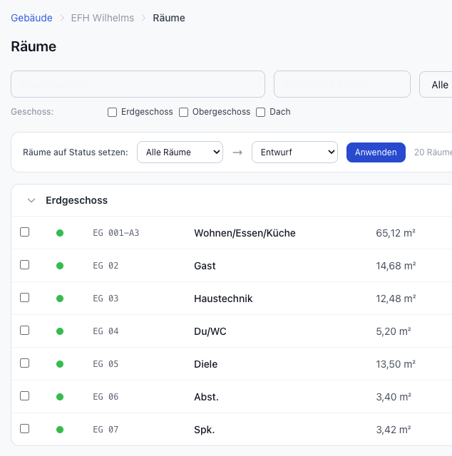 RaumReport Übersicht — Räume eines Projekts mit Filter, Status und Tabelle